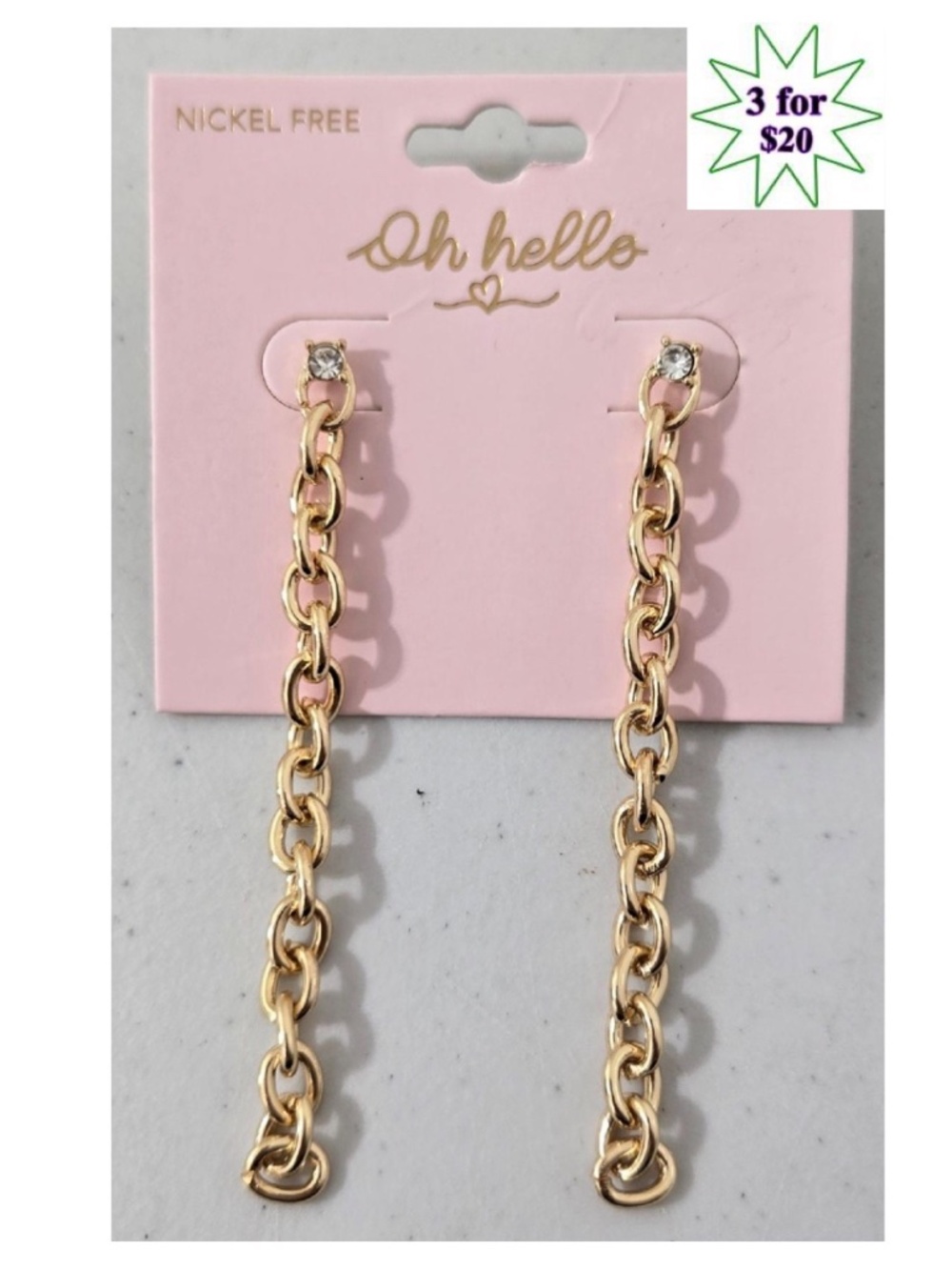 New Oh Hello Earrings Womens Fashion Jewelry Gold Dangle Chain Link Diamond NWT